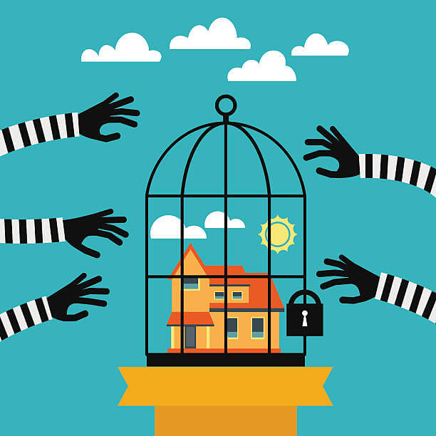 Una casa dentro de una jaula, con manos
extendiéndose para atraparla, simbolizando la
lucha por la libertad y la protección.