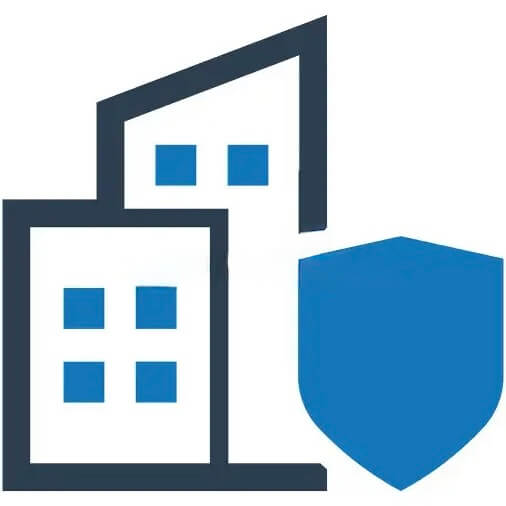Edificio con un ícono de escudo,
                                            ilustración en diseño plano, representando
                                            seguridad y protección.