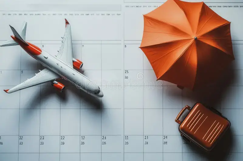 Un avion, una maleta y un paraguas en miniatura
puestos encima de un calendario.