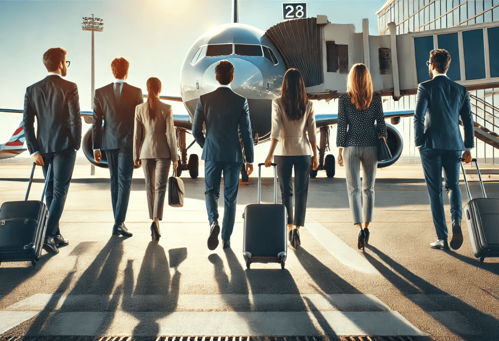 Personas de negocios dirigiéndose a un avión,
preparándose para un viaje corporativo.