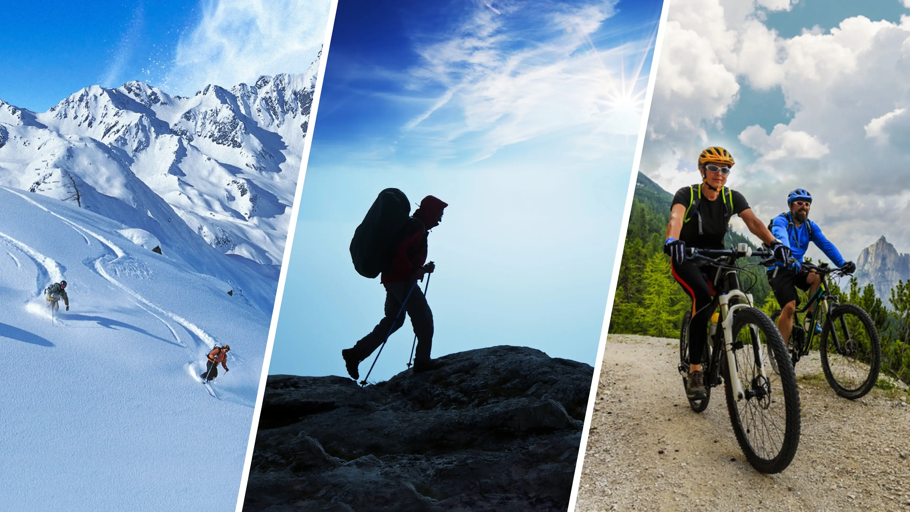 Personas haciendo deportes como esquí, alpinismo
y ciclismo.