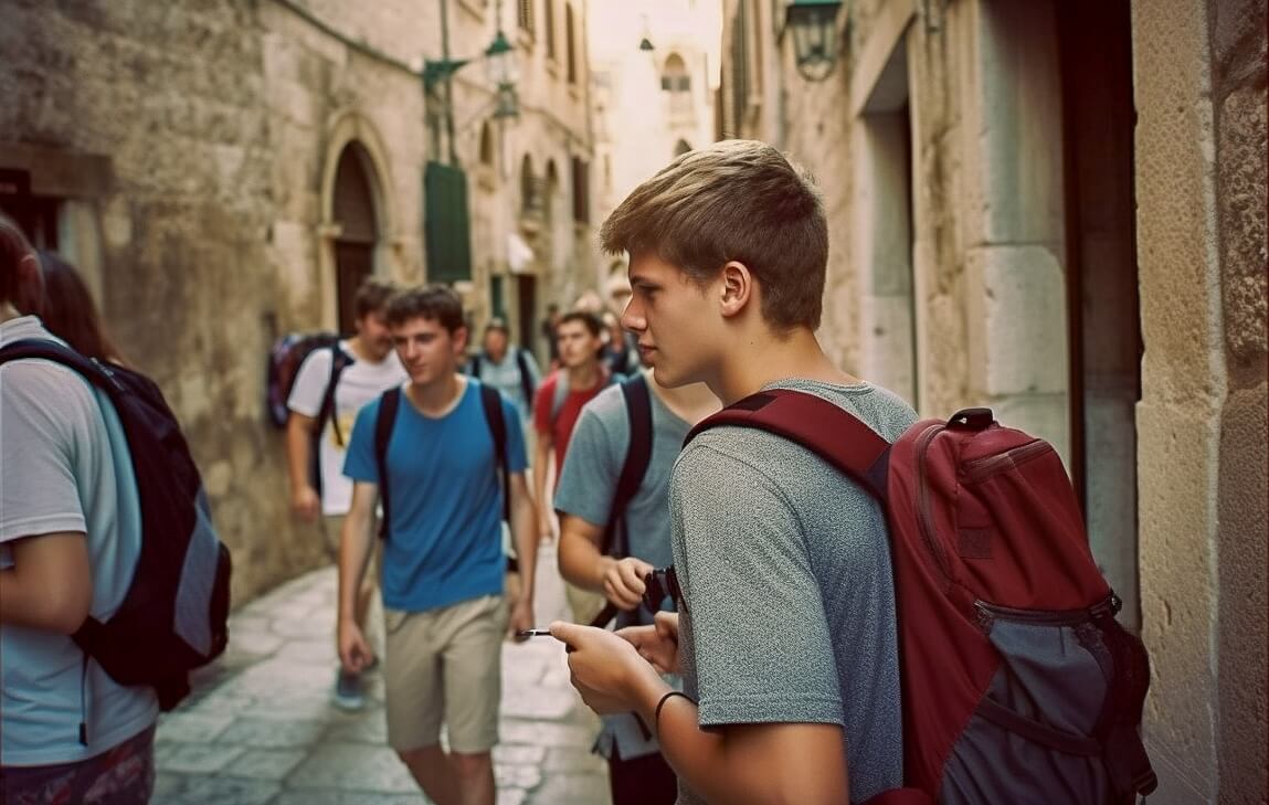 Un grupo de jóvenes con mochilas avanza por una
calle estrecha en la ciudad, representando un
viaje estudiantil.